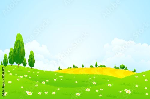 Green Landscape with  Flowers