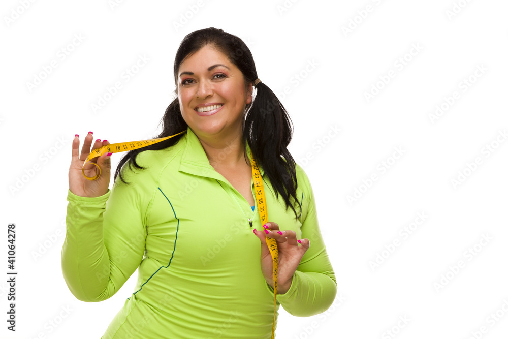 Hispanic Woman In Workout Clothes with Tape Measure Hispanic Woman In Workout Clothes with Tape Measure