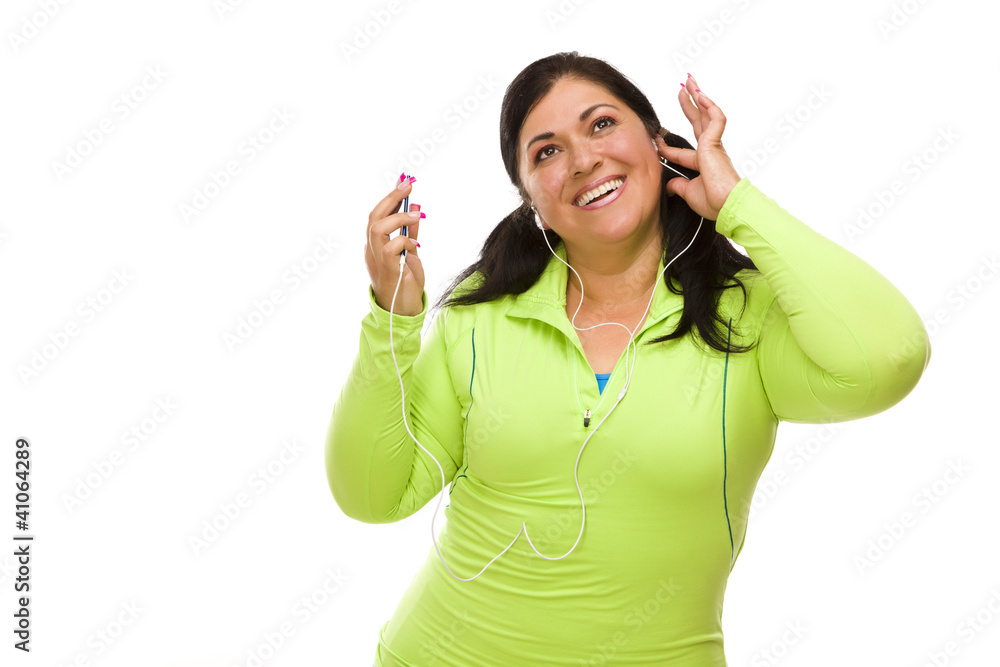 Hispanic Woman In Workout Clothes with Music Player and Headphon Hispanic Woman In Workout Clothes with Music Player and Headphon