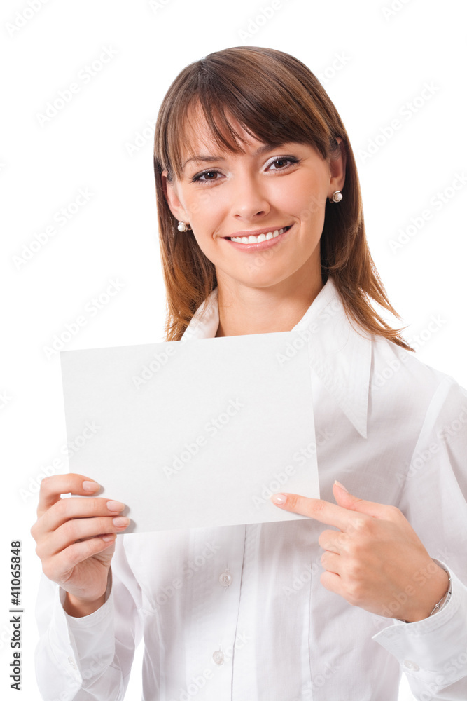 Businesswoman showing blank signboard, isolated Businesswoman showing blank signboard, isolated
