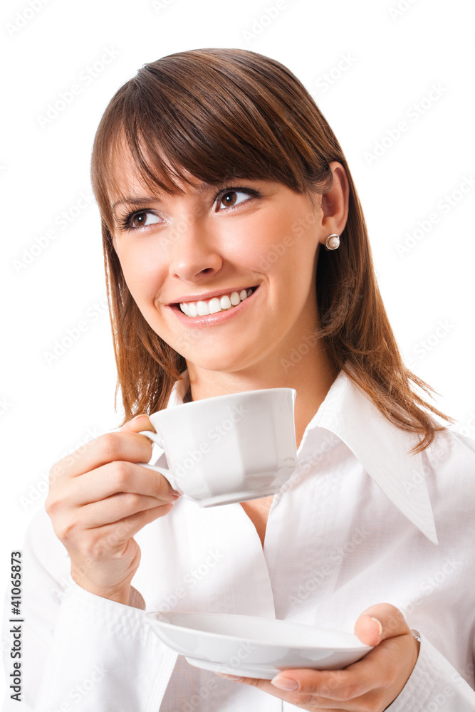 Business woman drinking coffee, isolated Business woman drinking coffee, isolated