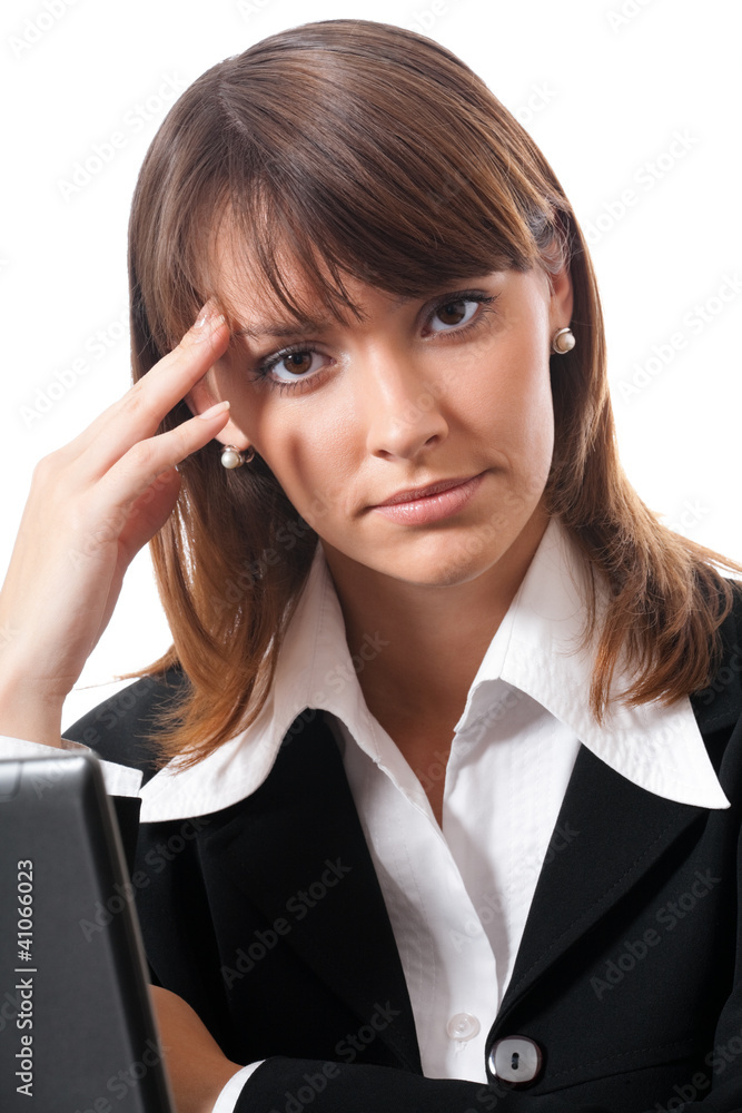 Serious thinking businesswoman with laptop, isolated on white Serious thinking businesswoman with laptop, isolated on white