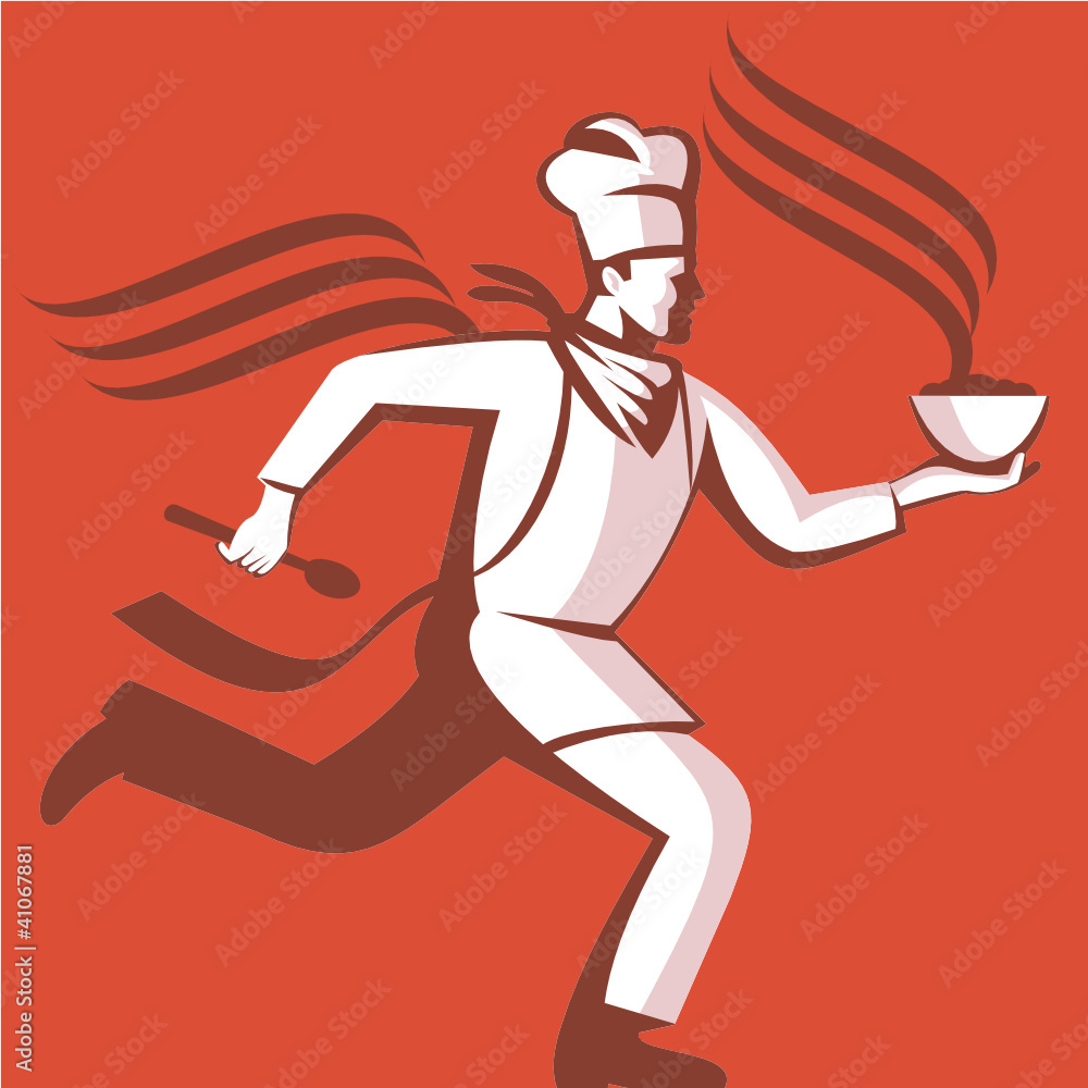 Chef Cook Baker Running With Soup Bowl Chef Cook Baker Running With Soup Bowl