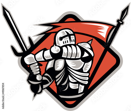 Knight Crusader With Sword Flag Retro