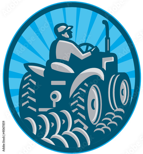 Farmer Plowing With Tractor Retro