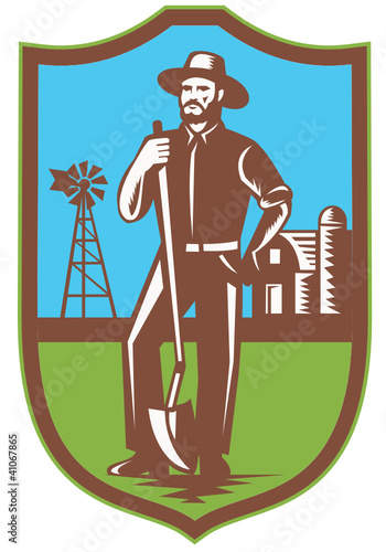 Farmer With Spade Windmill Farm Barn Retro