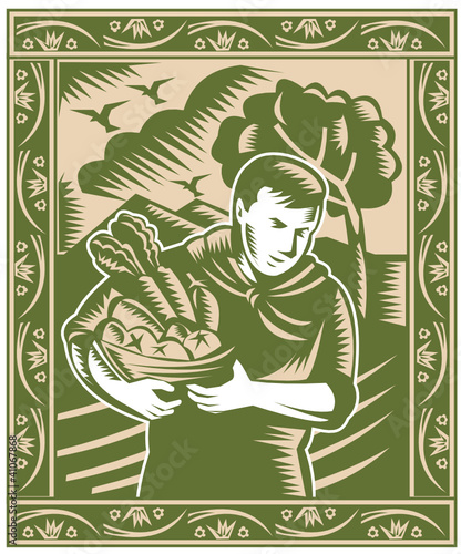 Organic Farmer With Basket Harvest Crops Retro