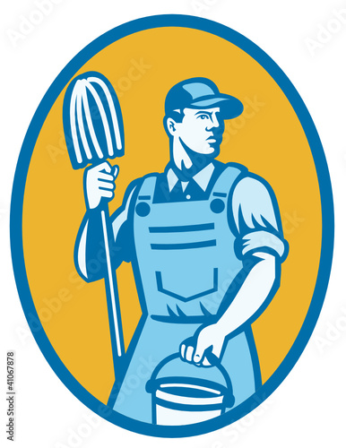 Cleaner Worker With Mop And Pail