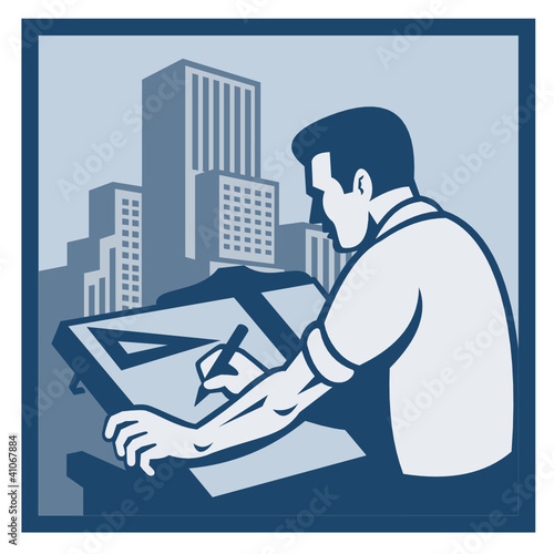 Architect Draftsman Drawing Buildings Retro