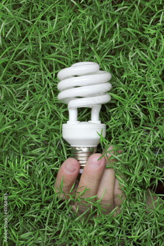 Energy saving light bulb in hand on a green grass background