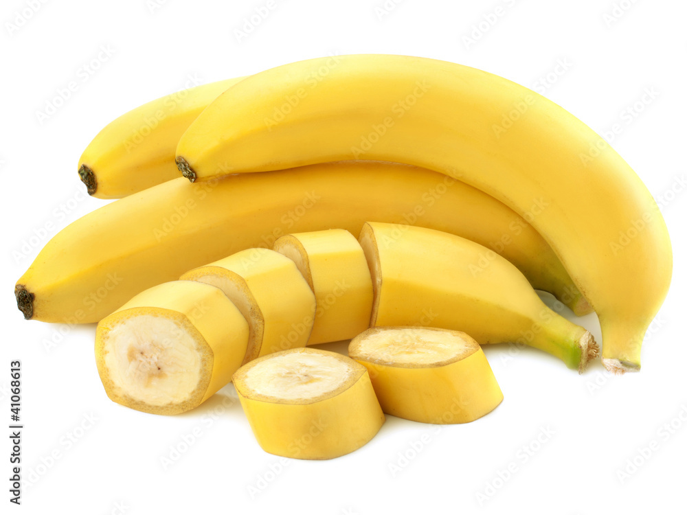 sliced bananas isolated on white background - obrazy, fototapety, plakaty 