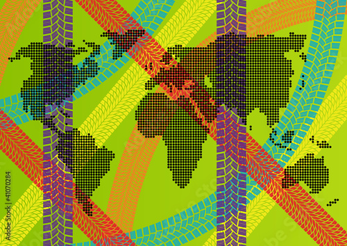 Colorful ecology energy tire footprint world map