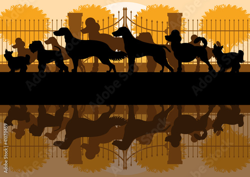 Various dog breeds silhouettes in dog park landscape background