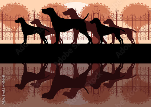 Various dog breeds silhouettes in dog park landscape background