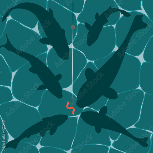 Fishes and a worm on a fish hook underwater vector background