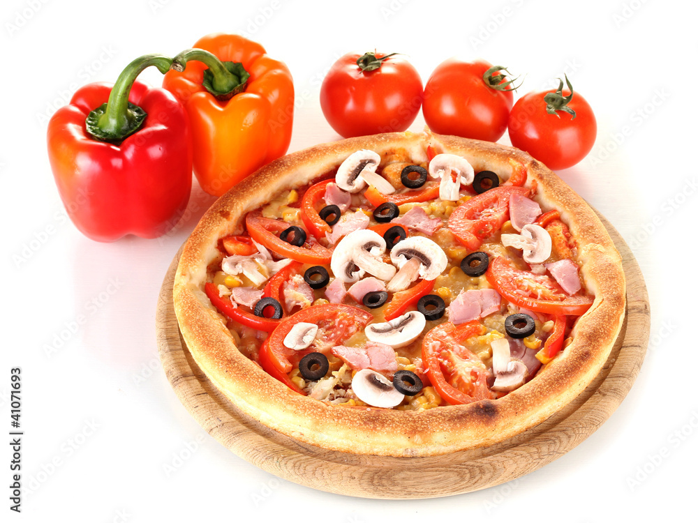 Aromatic pizza with vegetables isolated on white Aromatic pizza with vegetables isolated on white