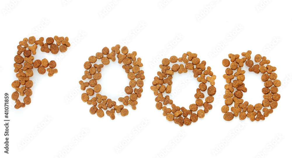 Inscription Food of dry cat food isolated on white Inscription Food of dry cat food isolated on white
