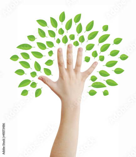 Hand as a tree with green leaves concept, clipping path