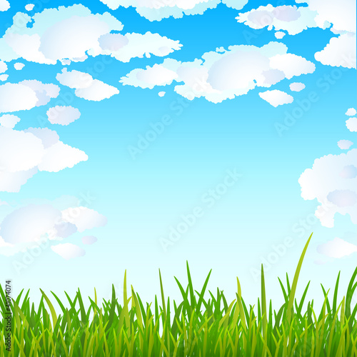 Background with bright blue sky and green grass