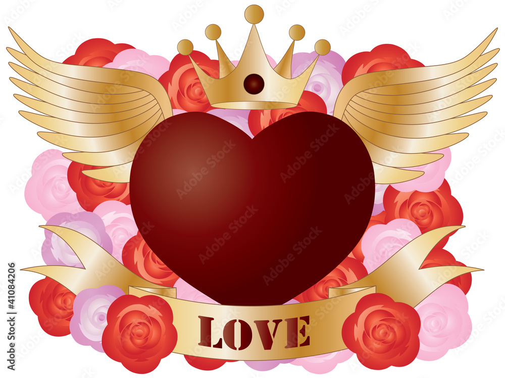 Flying Heart with Banner and Roses Flying Heart with Banner and Roses