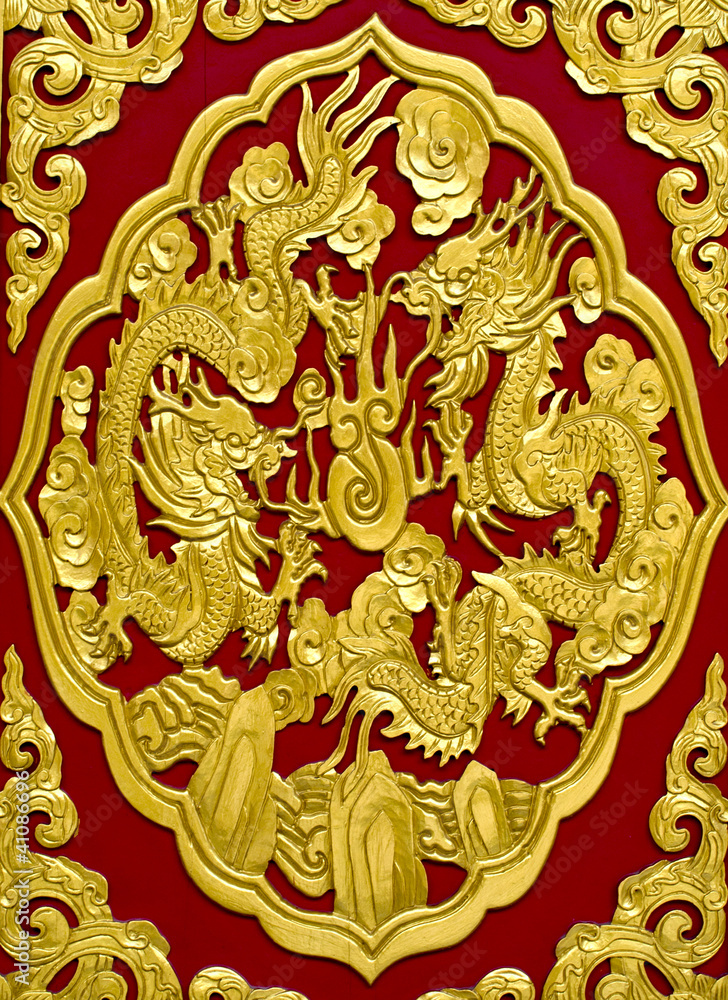 gold dragon on red background