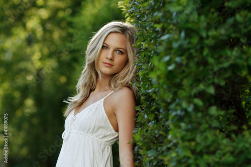Beautiful Blond Girl With Trees, White Dress