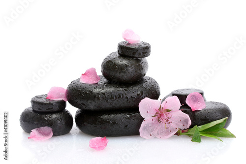 Spa stones with drops and pink sakura flowers isolated on white.