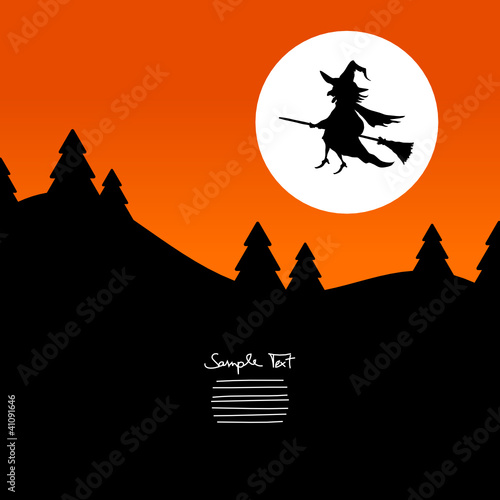 Flying Witch & Full Moon Halloween Background