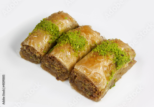 golden baklava filo pastry isolated on white background