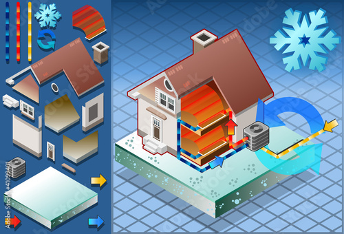 Isometric house with conditioner in heat productio