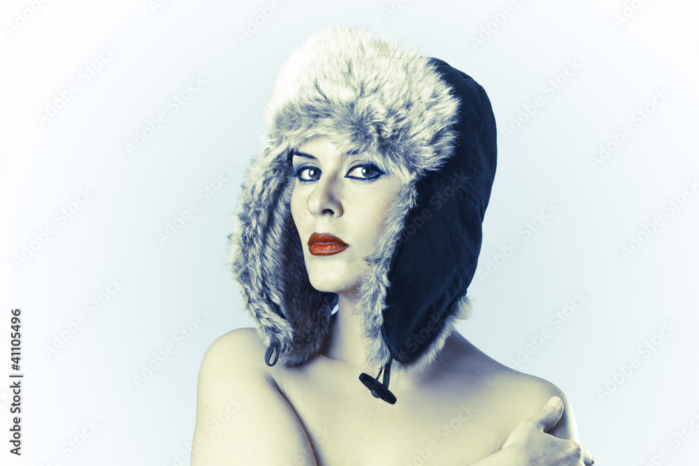 Sexy young with Russian hat on white background