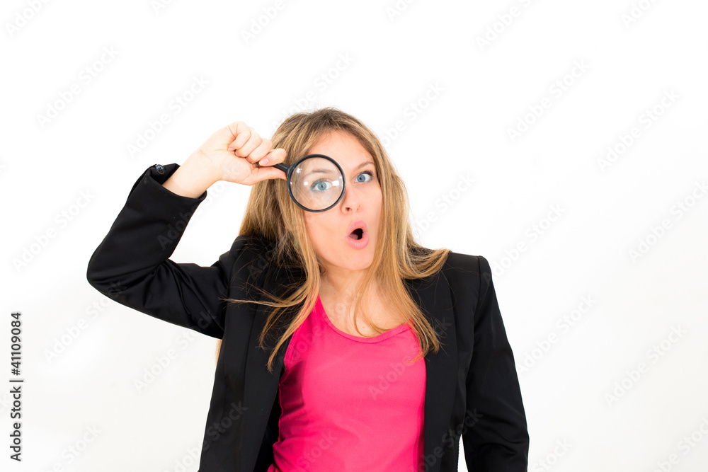 woman with magnifying glas woman with magnifying glas