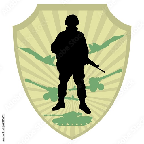 Silhouette of soldier on military coat of arm background