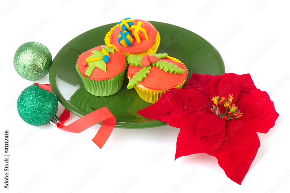 Christmas cupcakes balls and poinsettia