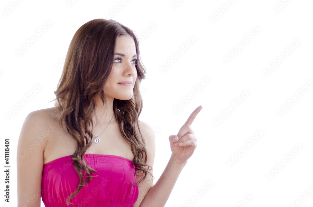Cute woman pointing at copy space Cute woman pointing at copy space