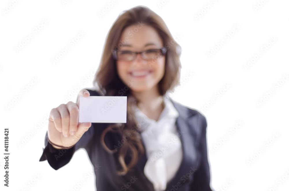 Cute business woman handing a business card Cute business woman handing a business card