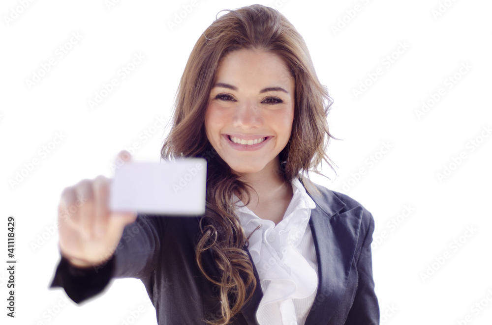 Cute business woman handing a business card Cute business woman handing a business card