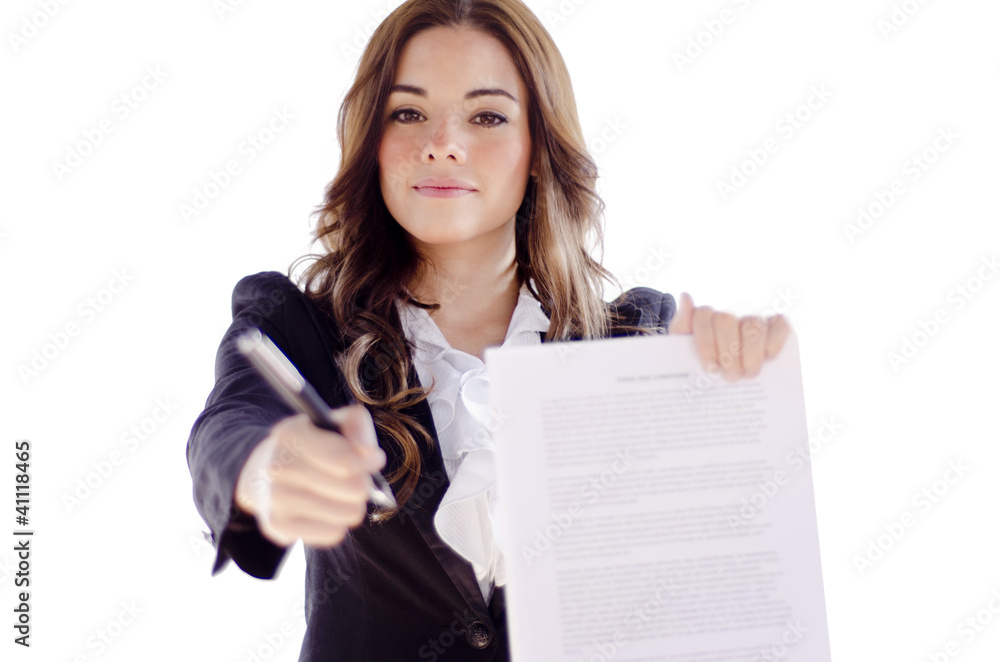 Cute business woman requesting a signature Cute business woman requesting a signature