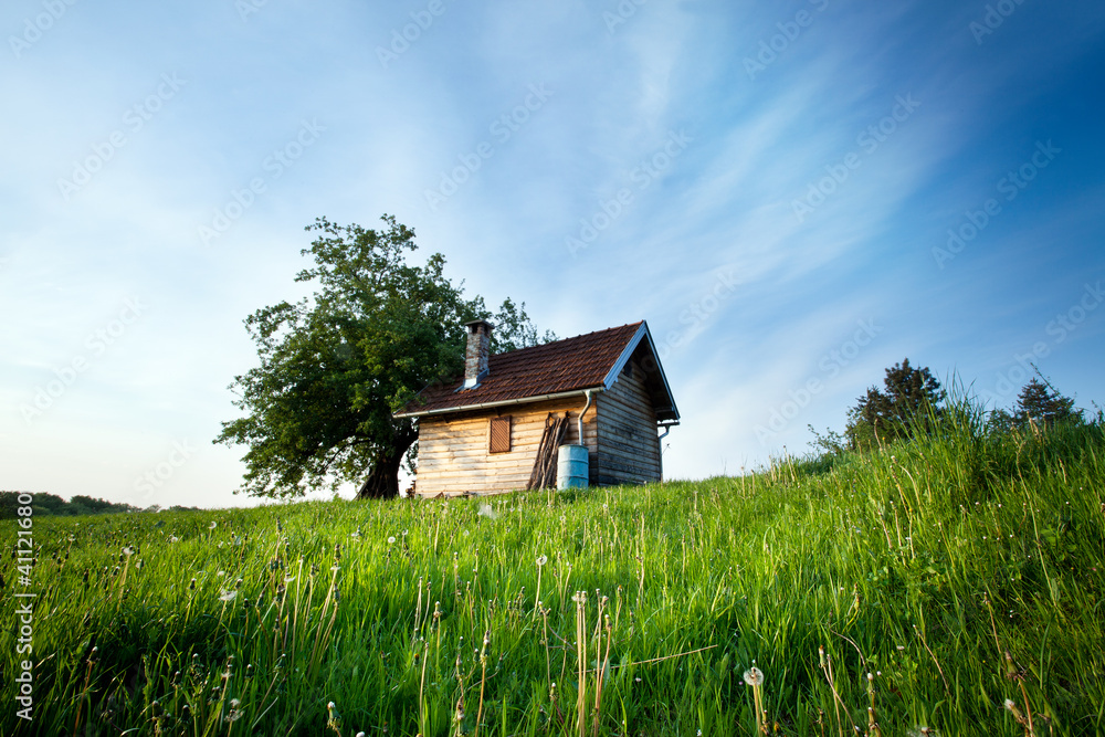 beauty landscape and wooden hut