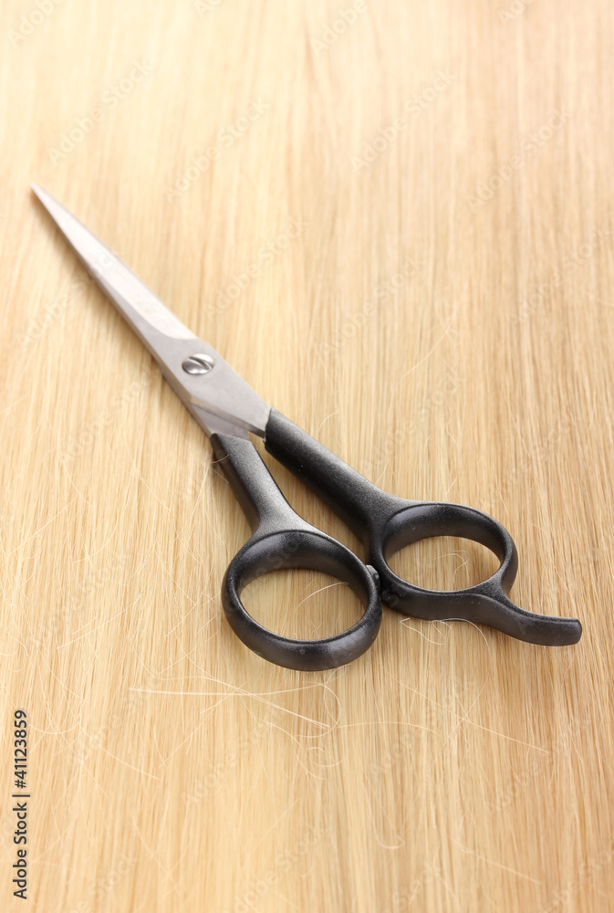 Shiny blond hair and hair cutting shears close-up Shiny blond hair and hair cutting shears close-up