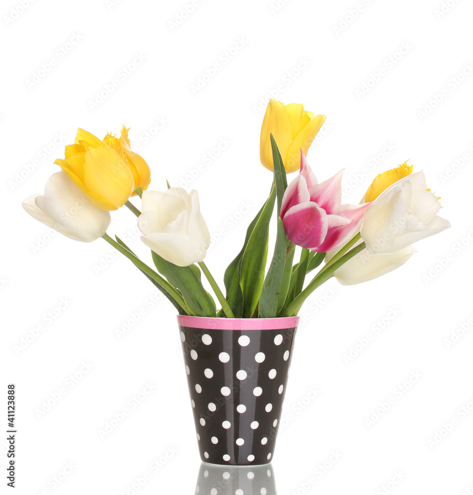 Beautiful tulips in vase isolated on white Beautiful tulips in vase isolated on white
