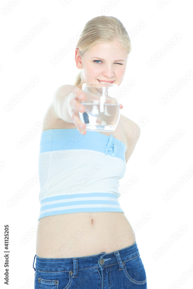 beautiful teenage girl with glass of water over white beautiful teenage girl with glass of water over white