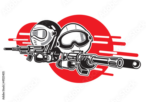 Cartoon Boy and Girl play airsoft guns. photo