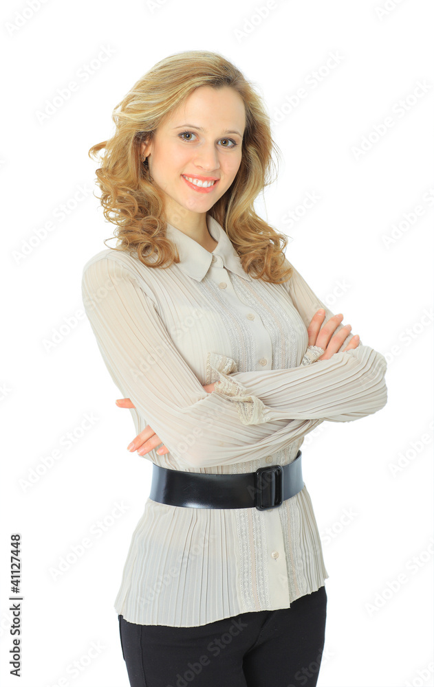 Beautiful businesswoman keeps the laptop. Isolated Beautiful businesswoman keeps the laptop. Isolated