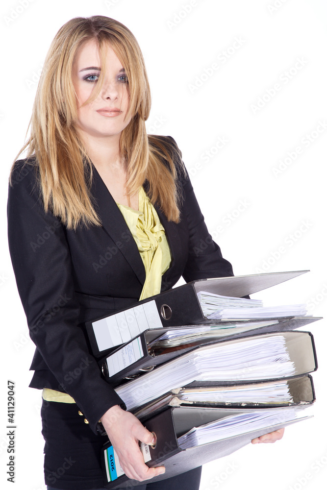Business Frau mit vielen Akten Ordner ist gestresst Porträt Business Frau mit vielen Akten Ordner ist gestresst Porträt