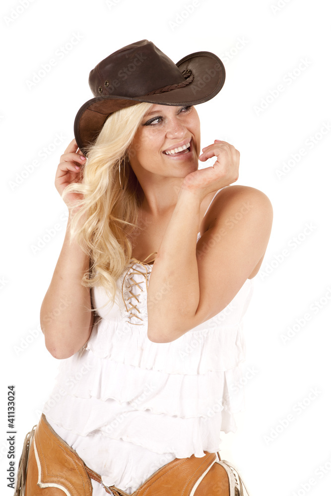 Cowgirl chaps hands face