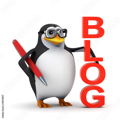 3d Penguin in glasses writes a blog photo