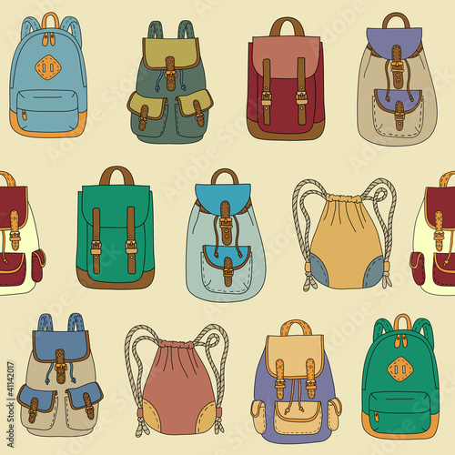 Seamless pattern with various backpacks