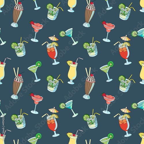 Seamless pattern with cartoon drinks on dark background