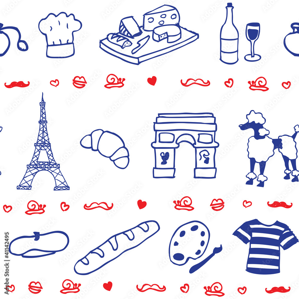 French symbols & icons illustrated seamless vector pattern Stock Vector